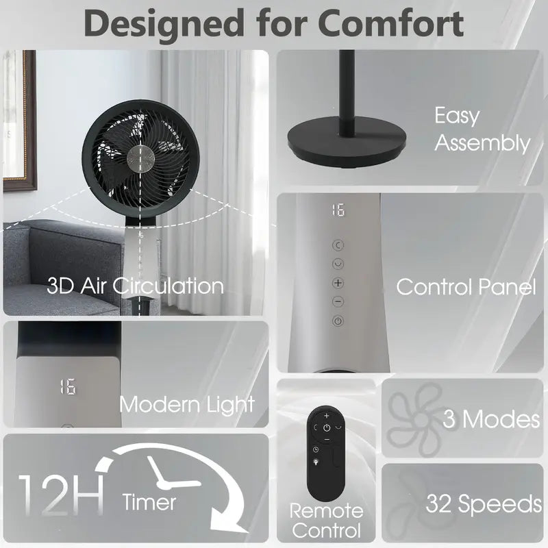 Quiet Oscillating Pedestal Fan, 90ft Powerful Airflow for Large Rooms & Garages, 32 Speeds & 3 Modes, 12H Timer, Remote Controlled Floor Fan for Bedroom Home Office