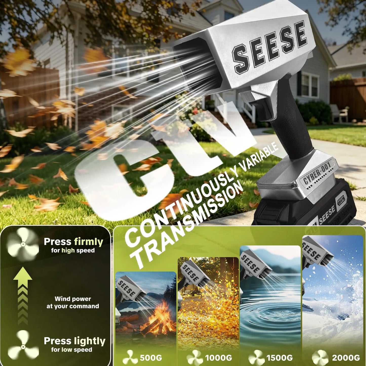【FathersDayGift】SEESE 2000G Cyber Cordless Leaf Blower Violent TurboFan,120 MPH+,BrushlessPure Copper Motor Jet Fan With Battery,CordlessTurbo Super Power Air Duster, Car Drying after Wash, SnowRemoval fathersdaygift